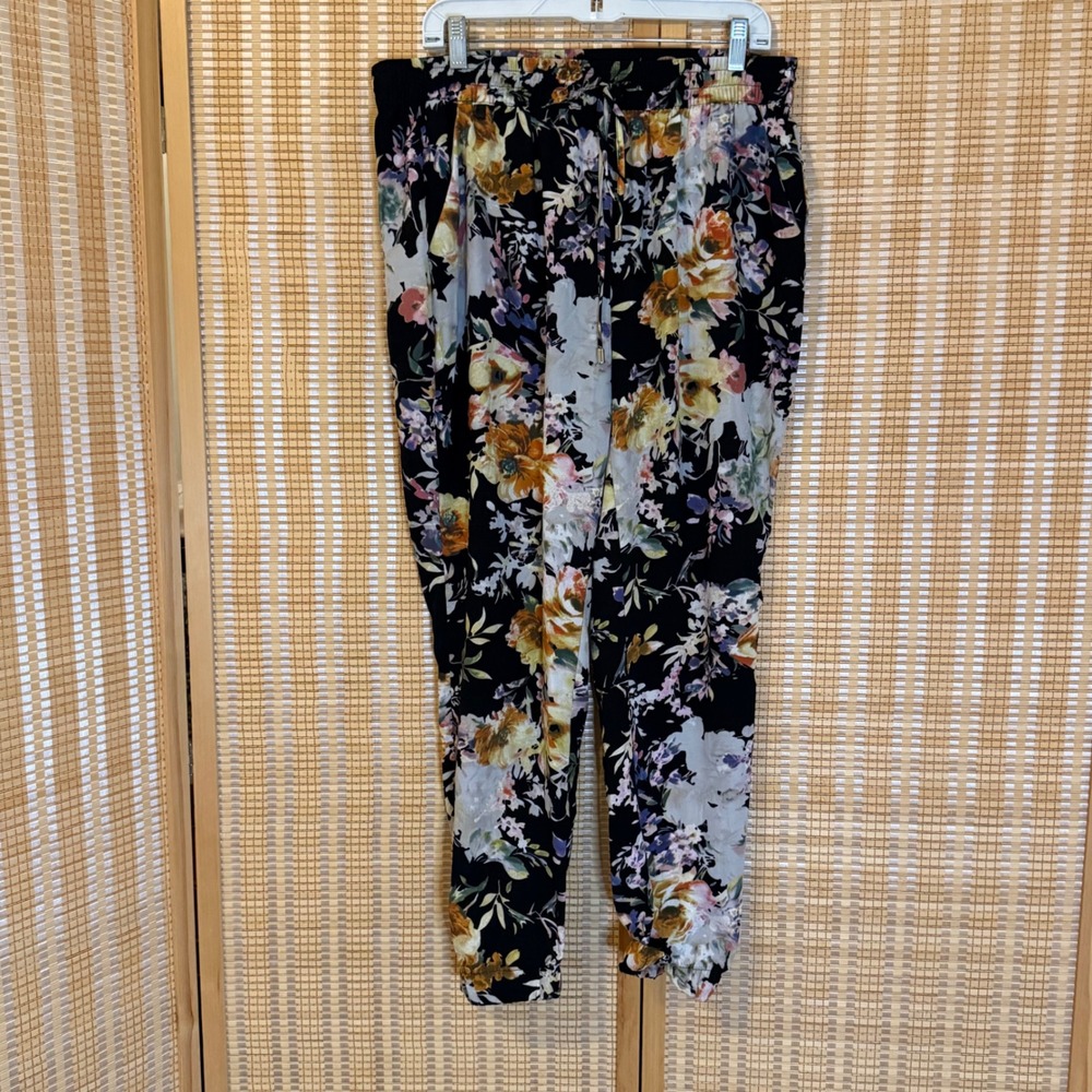 Womens Floral Print Jogger Pants Black Multi Color Elastic Waist Tapered Leg